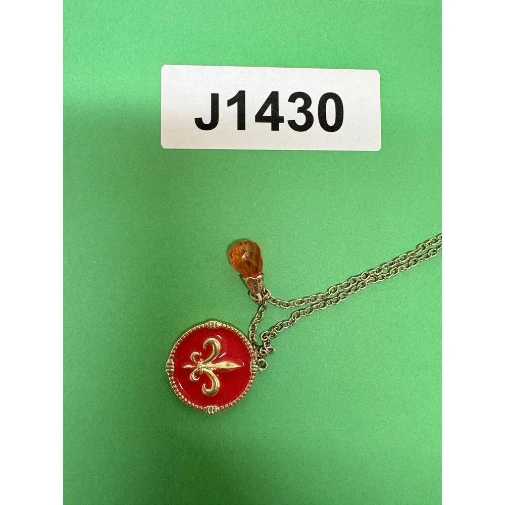 Gold Tone Red Enamel Fleur-de-lis Pendant Necklace with Orange Crystal Charm